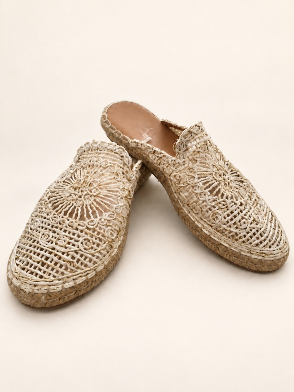 Atalina Ivory Crochet Floral Espadrille Mules Gold Metallic Slip-On Shoes 11M